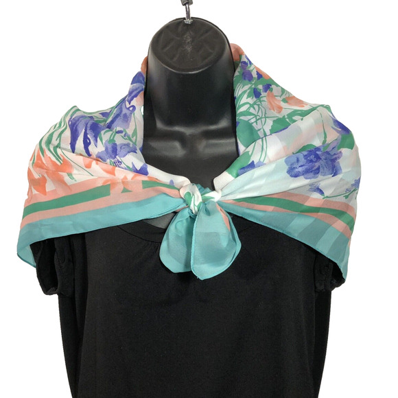 Floral Coquette Scarf Blue Peach 30" Square Striped Bow Retro Italy Vintage - Picture 4 of 10